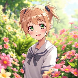 A 12-year-old anime girl character with light brown twintails and bright light green eyes, smirking playfully in a beautiful garden