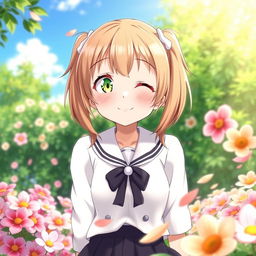 A 12-year-old anime girl character with light brown twintails and bright light green eyes, smirking playfully in a beautiful garden