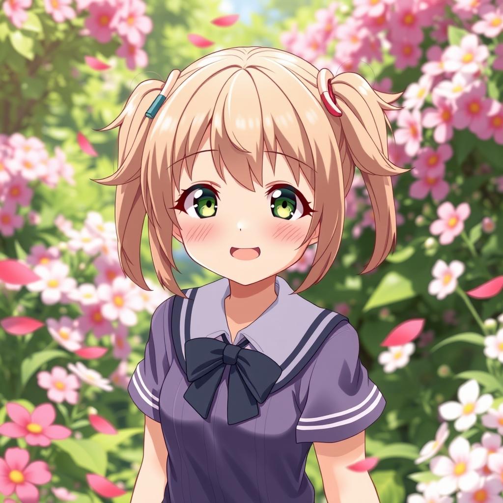 A 12-year-old anime girl character with light brown twintails and bright light green eyes, smirking playfully in a beautiful garden