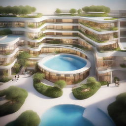 A top-notch digital rendering of an architectural concept for a hospital, influenced by the patterns of vital signs