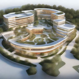 A top-notch digital rendering of an architectural concept for a hospital, influenced by the patterns of vital signs