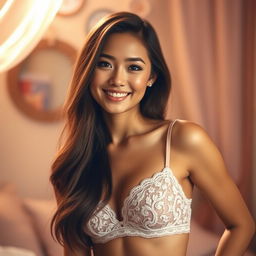A beautiful young woman wearing an elegant lace bra, posing confidently with a playful smile