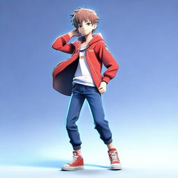 A 3D animation of a cool anime-style boy, fully body