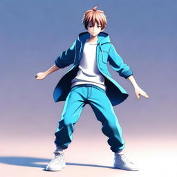 A 3D animation of a cool anime-style boy, fully body