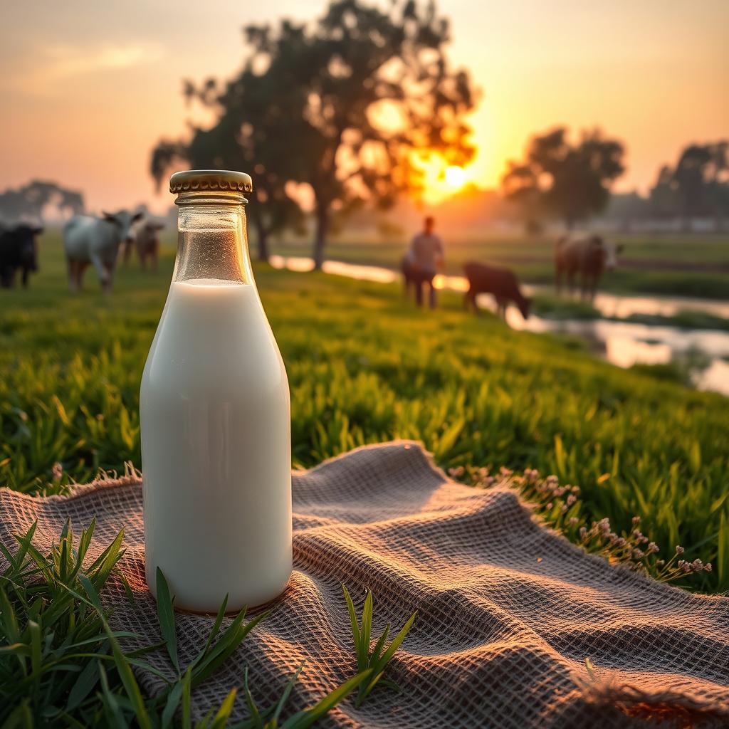 A glass milk bottle with a golden cap placed on a jute sheet on lush green grass, in the foreground of a serene cow farm