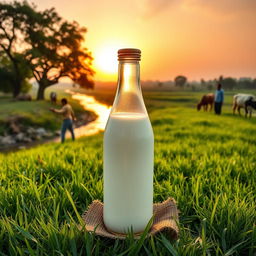 A glass milk bottle with a golden cap placed on a jute sheet on lush green grass, in the foreground of a serene cow farm