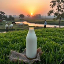A glass milk bottle with a golden cap placed on a jute sheet on lush green grass, in the foreground of a serene cow farm