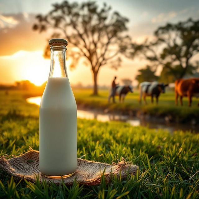 A glass milk bottle with a golden cap placed on a jute sheet on lush green grass, in the foreground of a serene cow farm