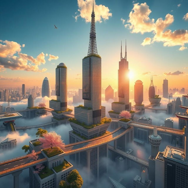 A breathtaking view of Tokyo city transformed into a sky island, featuring futuristic skyscrapers with greenery and nature integrated into their architecture