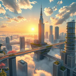 A breathtaking view of Tokyo city transformed into a sky island, featuring futuristic skyscrapers with greenery and nature integrated into their architecture