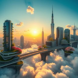 A breathtaking view of Tokyo city transformed into a sky island, featuring futuristic skyscrapers with greenery and nature integrated into their architecture