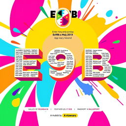 A vibrant and colorful poster design for an event titled 'E9B'