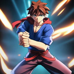 A high-quality 3D animation of an anime boy in a battle-ready stance