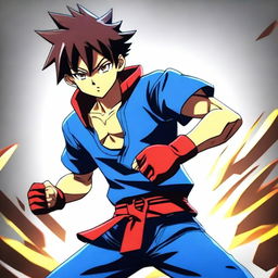 A high-quality 3D animation of an anime boy in a battle-ready stance