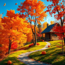 A vibrant autumn landscape featuring a forest with trees adorned in colorful fall foliage, showcasing hues of orange, red, yellow, and brown