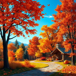 A vibrant autumn landscape featuring a forest with trees adorned in colorful fall foliage, showcasing hues of orange, red, yellow, and brown