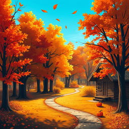 A vibrant autumn landscape featuring a forest with trees adorned in colorful fall foliage, showcasing hues of orange, red, yellow, and brown