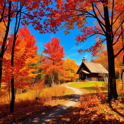 A vibrant autumn landscape featuring a forest with trees adorned in colorful fall foliage, showcasing hues of orange, red, yellow, and brown
