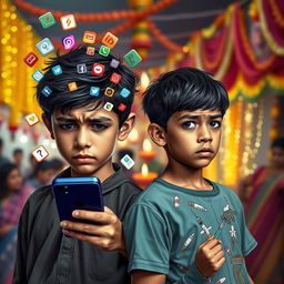Create an image of two young Indian boys standing side by side, displaying affliction and distress on their faces with disheveled hair showing a struggle-filled life