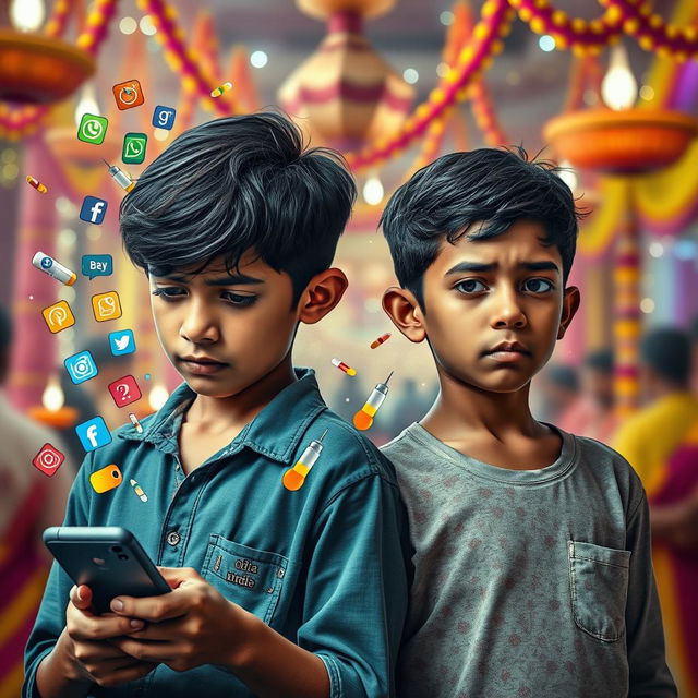 Create an image of two young Indian boys standing side by side, displaying affliction and distress on their faces with disheveled hair showing a struggle-filled life