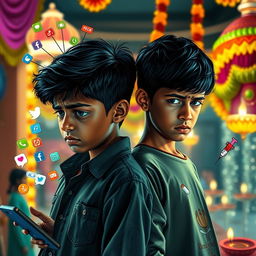 Create an image of two young Indian boys standing side by side, displaying affliction and distress on their faces with disheveled hair showing a struggle-filled life