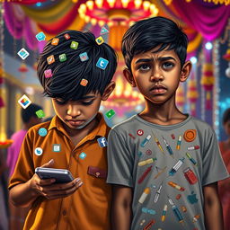 Create an image of two young Indian boys standing side by side, displaying affliction and distress on their faces with disheveled hair showing a struggle-filled life