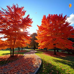 A picturesque autumn scene with vibrant fall foliage in shades of red, orange, and yellow