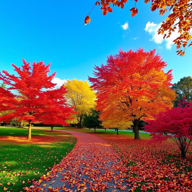 A picturesque autumn scene with vibrant fall foliage in shades of red, orange, and yellow