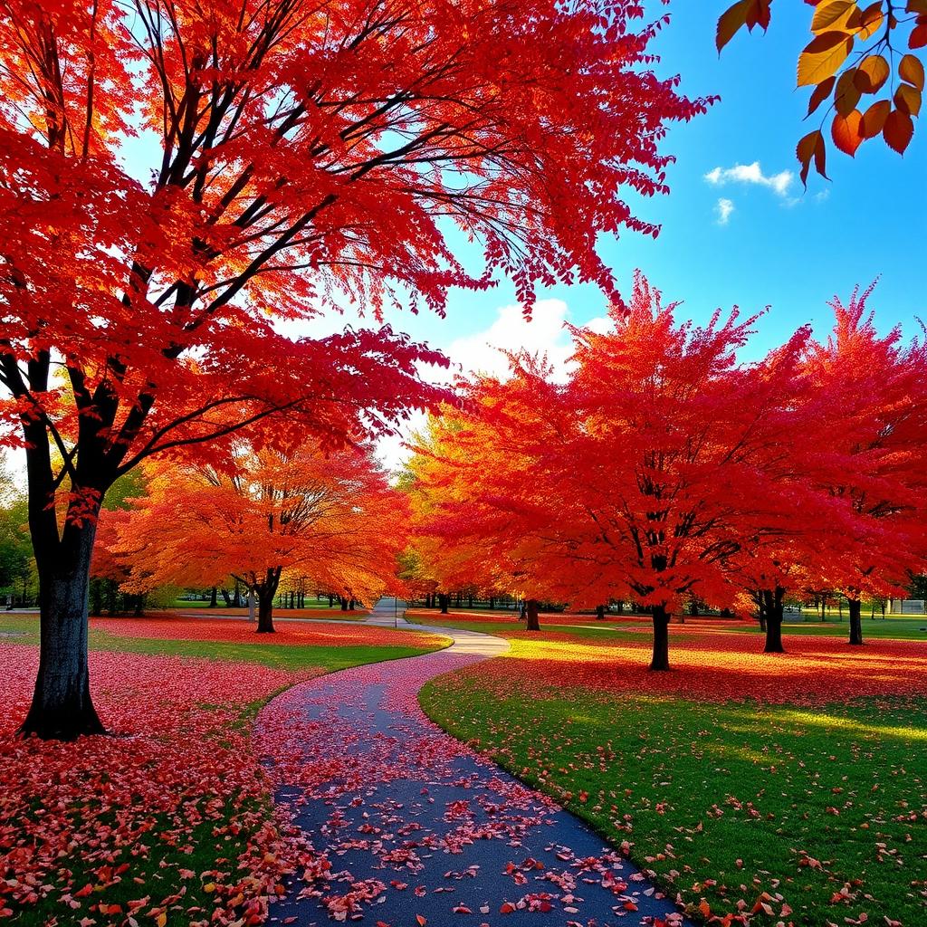 A picturesque autumn scene with vibrant fall foliage in shades of red, orange, and yellow