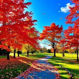 A picturesque autumn scene with vibrant fall foliage in shades of red, orange, and yellow