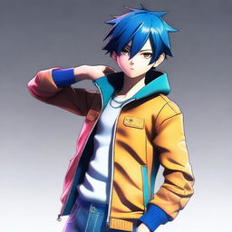 This is a high-quality, full-body 3D animation of a cool anime boy ready for a fight