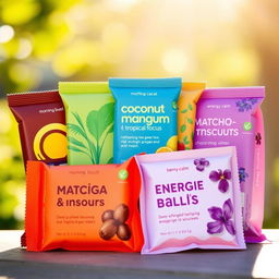 A vibrant and appealing product image featuring packets of energy biscuits representing five unique flavors