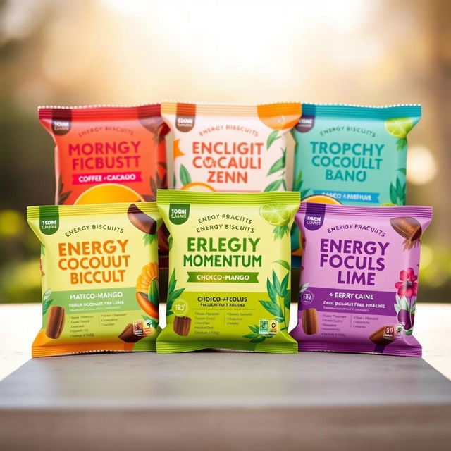 A vibrant and appealing product image featuring packets of energy biscuits representing five unique flavors