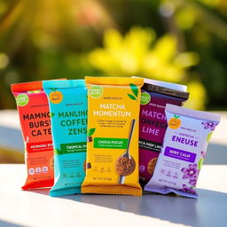 A vibrant and appealing product image featuring packets of energy biscuits representing five unique flavors