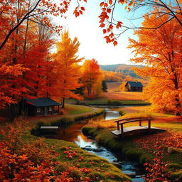 A breathtaking autumn landscape showcasing vibrant fall foliage in hues of orange, red, and yellow