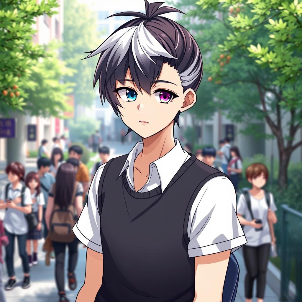 A 23-year-old cool anime guy with a short ponytail of black hair and stylish white bangs, featuring mesmerizing eyes—one blue and the other purple