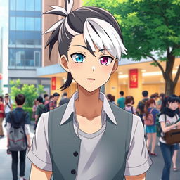 A 23-year-old cool anime guy with a short ponytail of black hair and stylish white bangs, featuring mesmerizing eyes—one blue and the other purple