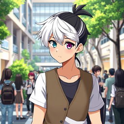 A 23-year-old cool anime guy with a short ponytail of black hair and stylish white bangs, featuring mesmerizing eyes—one blue and the other purple