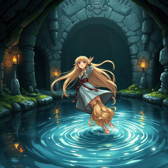 A beautifully detailed hand-drawn anime style scene, featuring a striking blond elf with long flowing hair, dressed in elegant fantasy attire