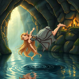 A beautifully detailed hand-drawn anime style scene, featuring a striking blond elf with long flowing hair, dressed in elegant fantasy attire