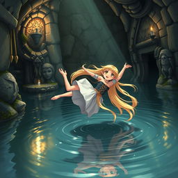 A beautifully detailed hand-drawn anime style scene, featuring a striking blond elf with long flowing hair, dressed in elegant fantasy attire