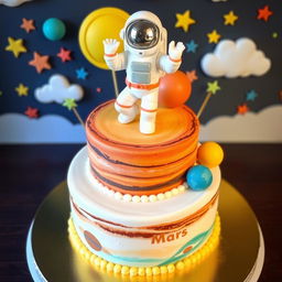 A whimsical solar system themed cake featuring an astronaut figure on top