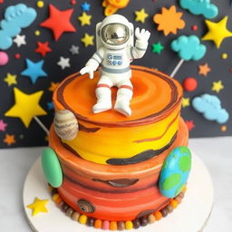 A whimsical solar system themed cake featuring an astronaut figure on top