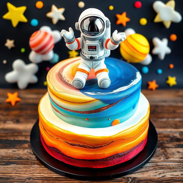 A whimsical solar system themed cake featuring an astronaut figure on top