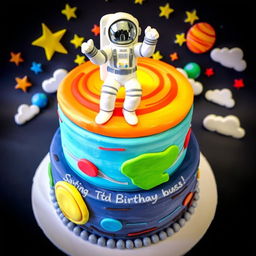 A whimsical solar system themed cake featuring an astronaut figure on top