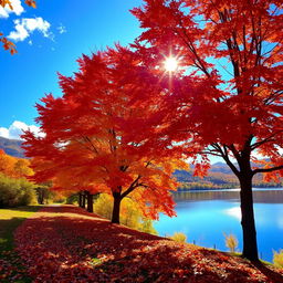 A picturesque autumn landscape featuring vibrant red, orange, and yellow leaves on trees, a gentle breeze rustling through them, a path covered with fallen leaves, and a serene lake reflecting the colorful foliage