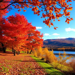 A picturesque autumn landscape featuring vibrant red, orange, and yellow leaves on trees, a gentle breeze rustling through them, a path covered with fallen leaves, and a serene lake reflecting the colorful foliage