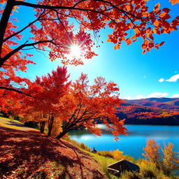 A picturesque autumn landscape featuring vibrant red, orange, and yellow leaves on trees, a gentle breeze rustling through them, a path covered with fallen leaves, and a serene lake reflecting the colorful foliage
