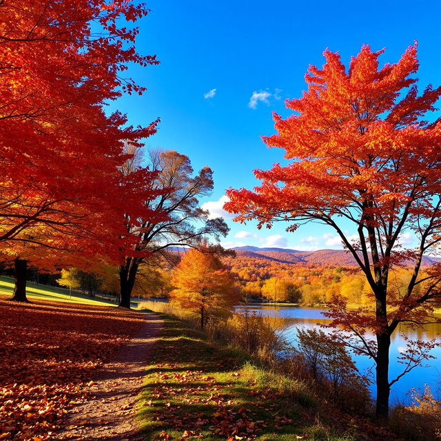 A picturesque autumn landscape featuring vibrant red, orange, and yellow leaves on trees, a gentle breeze rustling through them, a path covered with fallen leaves, and a serene lake reflecting the colorful foliage