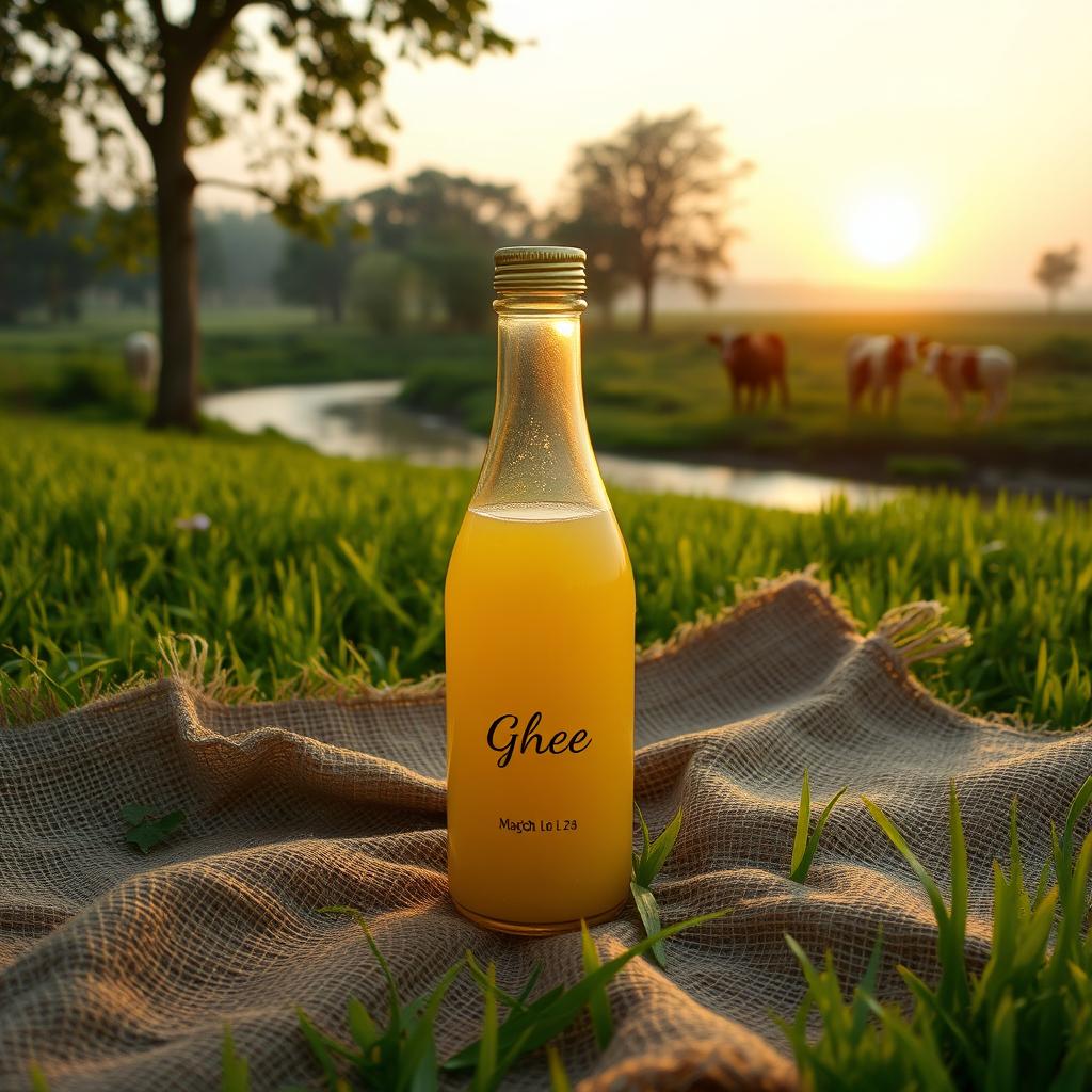 A glass ghee bottle with a shiny golden cap placed on a jute sheet laid out on lush green grass